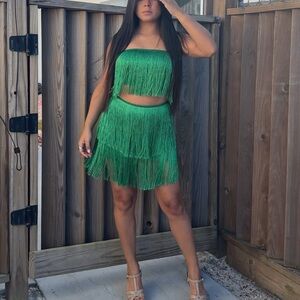 Vibrant Green Fringe Skirt Set